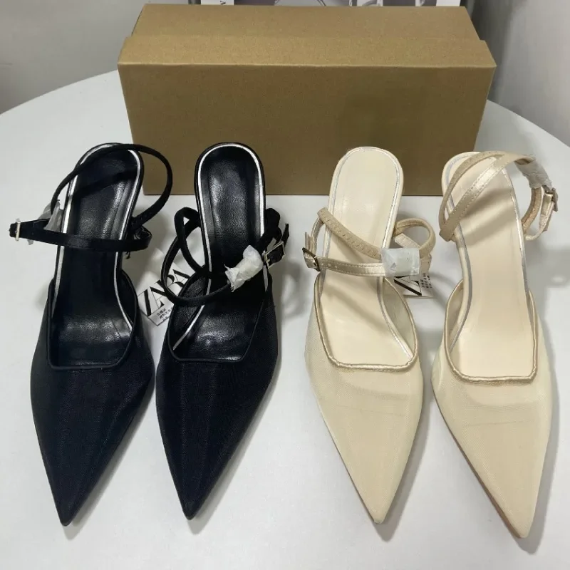 Women High Heeled Sandals Summer Fashion Mesh Elegant Pointed Toe Slingback Stilettos New Designer Ladies Dress Shoes