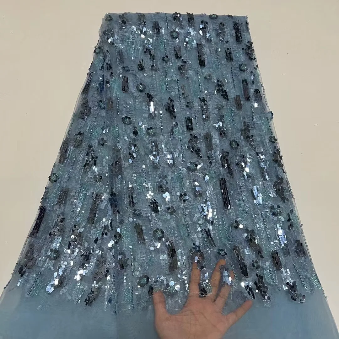 

Синие африканские бусины ручной работы, кружевная ткань 2022, Высококачественная вышивка блестками, французские бусины, кружевная ткань для свадебного платья LR22013