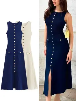 Robe bureau femme tricotée boutonnée sans manches chic