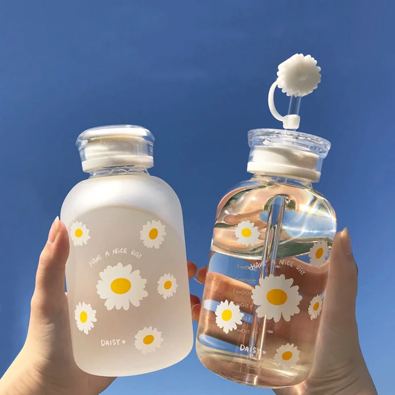 Glass Water Bottle With Straw Creative Daisy Frosted/transparent Cup
