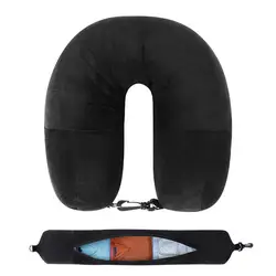 Deluxe Travel Neck Pillow with Fillable U - Shaped Pillowcase and Velvet Cover (Black)