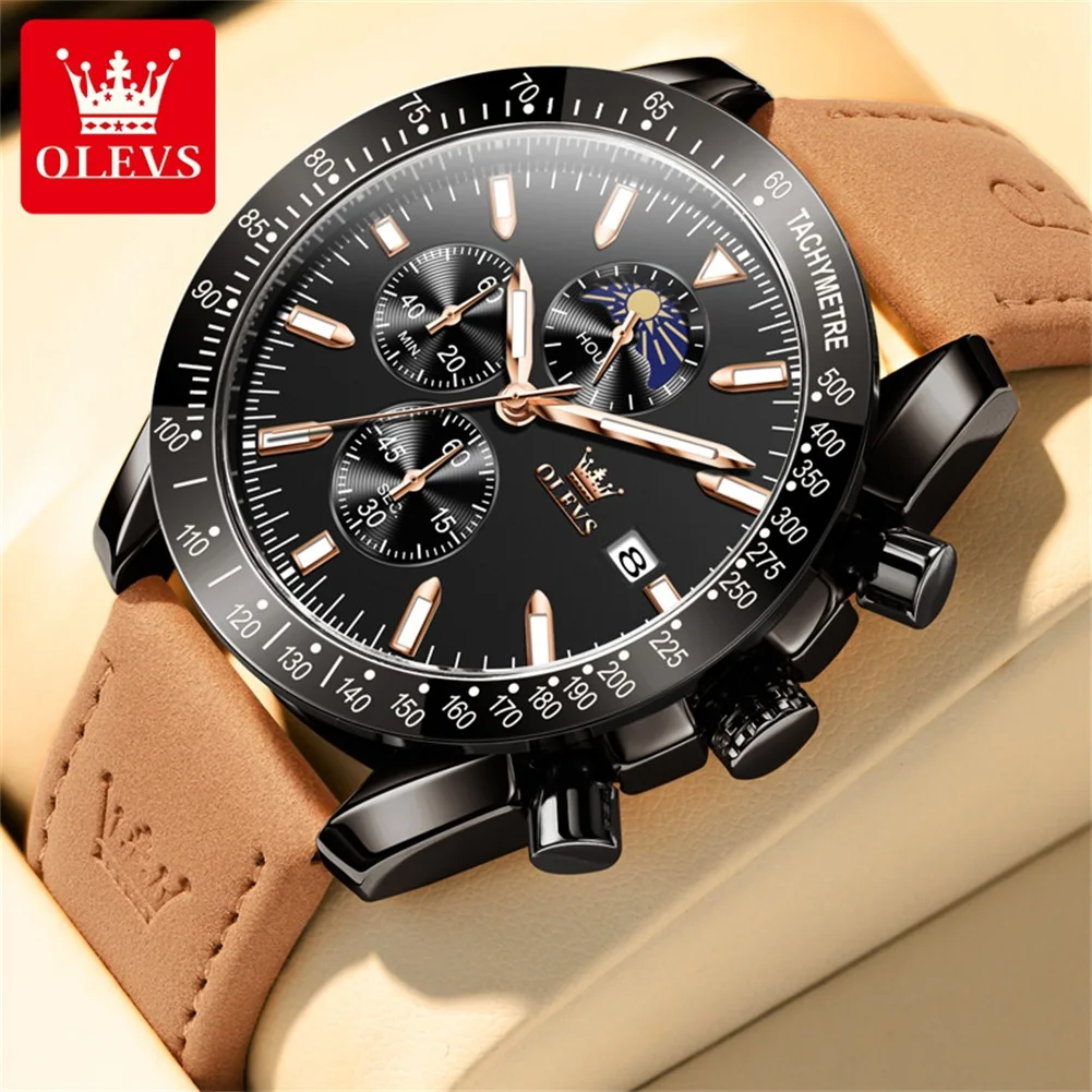 OLEVS Men Watches Quartz Watch Leather Sport Waterproof Wristwatch Chronograph Moon Phases Quality Men's Watch Reloj Hombre