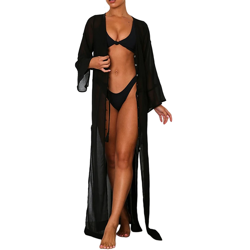 bathing suits with matching cover ups Women Summer Bikini Cover Up, Sheer Long Sleeve Deep V-Neck Loose Button Closure Drawstring Long Cardigan Long Dress swim skirt cover up no brief Cover-Ups