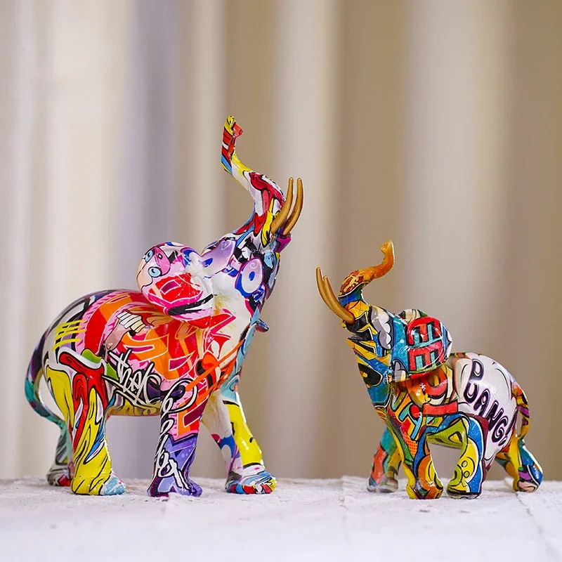 

Graffiti Elephant Sculpture Nordic Painting Elephant Statue Resin Animal Figurines Living Room Home Decor Art Craft Ornaments