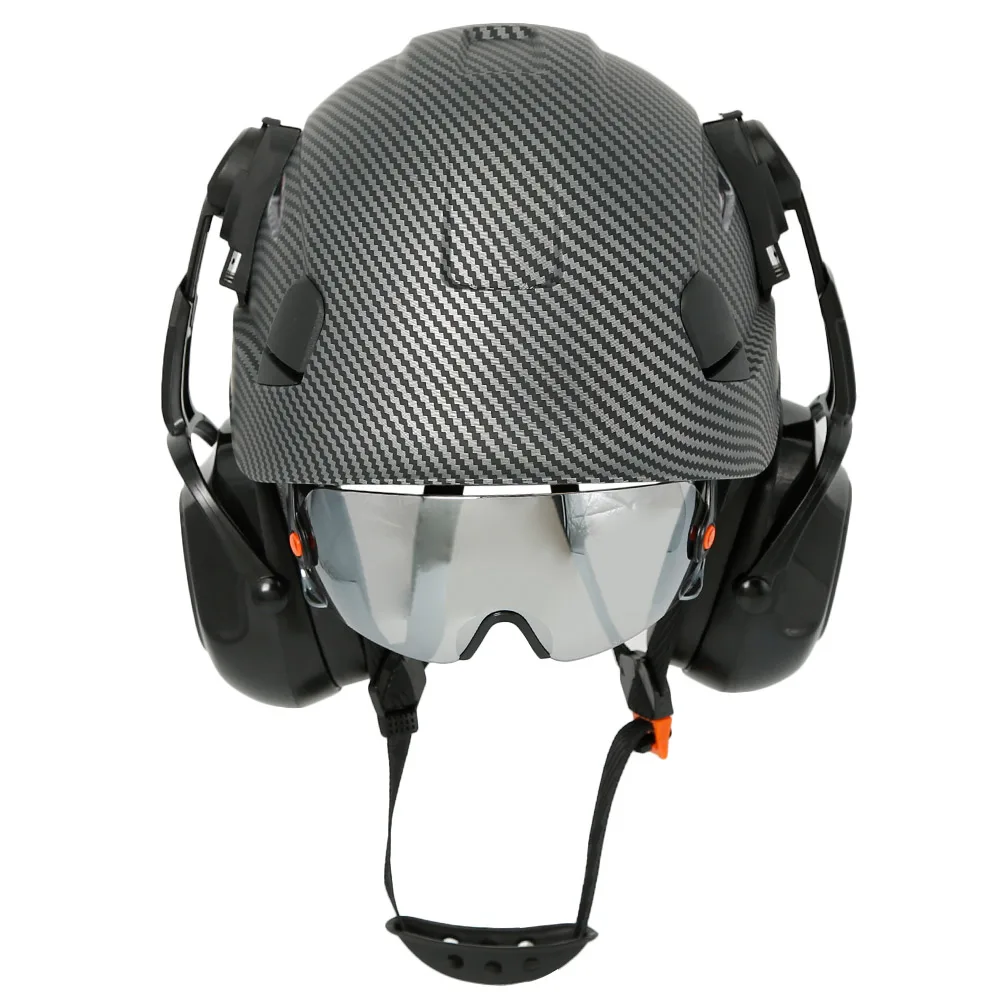 Safety Helmet Tactical Helmet Garden Trimmer Helmet Carbon Fiber Pattern Safety Helmet with Built In Goggle earmuffs for Engineer Hard Hat ANSI Industrial Wora Cap Head Protection