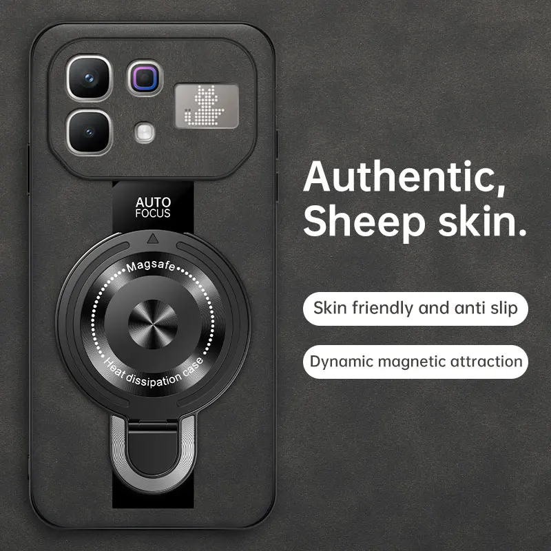 Magsafe Wireless Charging Magnetic Ring Holder Leather Case with Shockproof Soft Frame