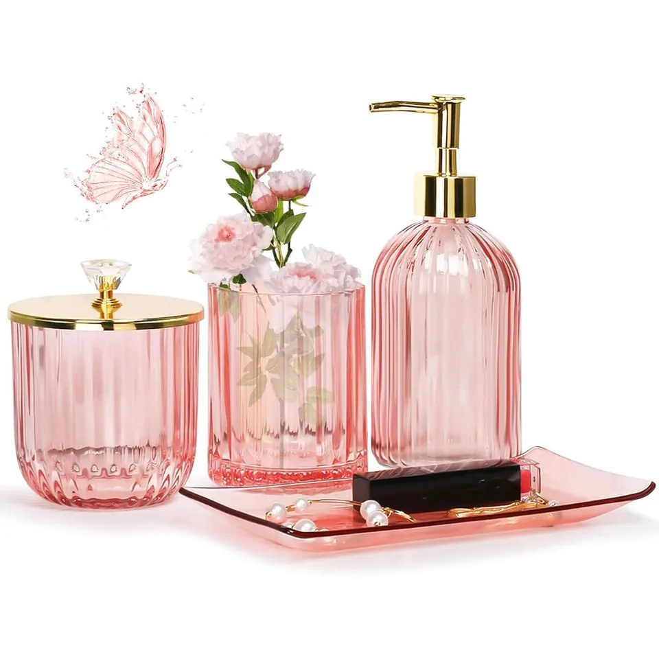 Pink Glass Bathroom Accessories Set with Dispenser and Tray