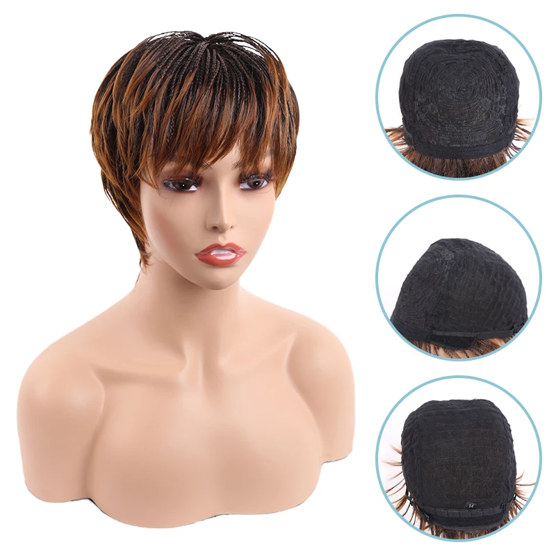 Short Box Braided Synthetic Hair Wig for Black Women Straight Hair with Natural Bangs