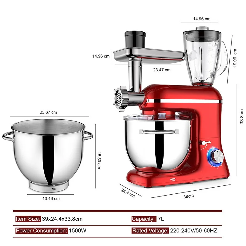 9 IN 1 1500W Tilt-Head Multifunctional Electric Mixer 7.5 QT Stainless Steel Bowl 1.5L Glass Jar, Meat Grinder,Juicer,Egg Beater 6