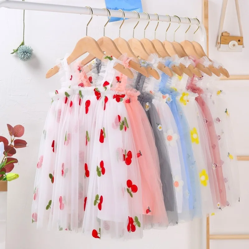 Girls Summer Dress Cute Strap Tulle Baby Girl Dress Embroidery Birthday Girl Party Princess Dresses Toddler Clothes CL805 girls dress princess costume kids clothes
