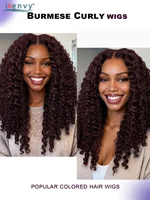 Perruques frontales en dentelle HD 13x6 en cheveux humains, rouge bordeaux, bouclées birmanes avec pointes spirales, pré-épilées, épaisses 2