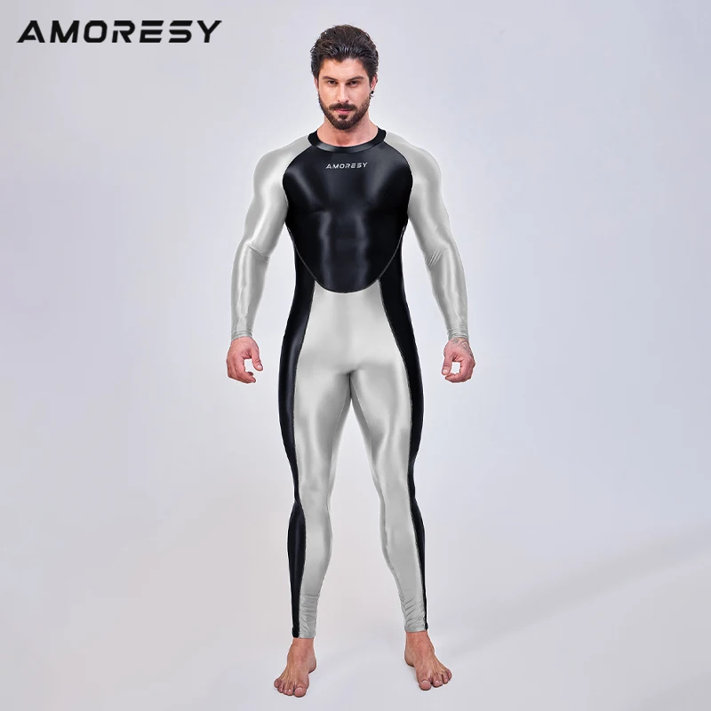 AMORESY Men Sexy Smooth One Piece Bodysuit Running Fitness Catsuit Stretch Cosplay Bodystocking Spandex Overall Zentai Jumpsuits 4