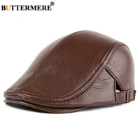 BUTTERMERE Men Beret Hat Real Leather Flat Cap Sheepskin Autumn Winter Male Brown Adjustable High Quality  Mens Beret Caps 1