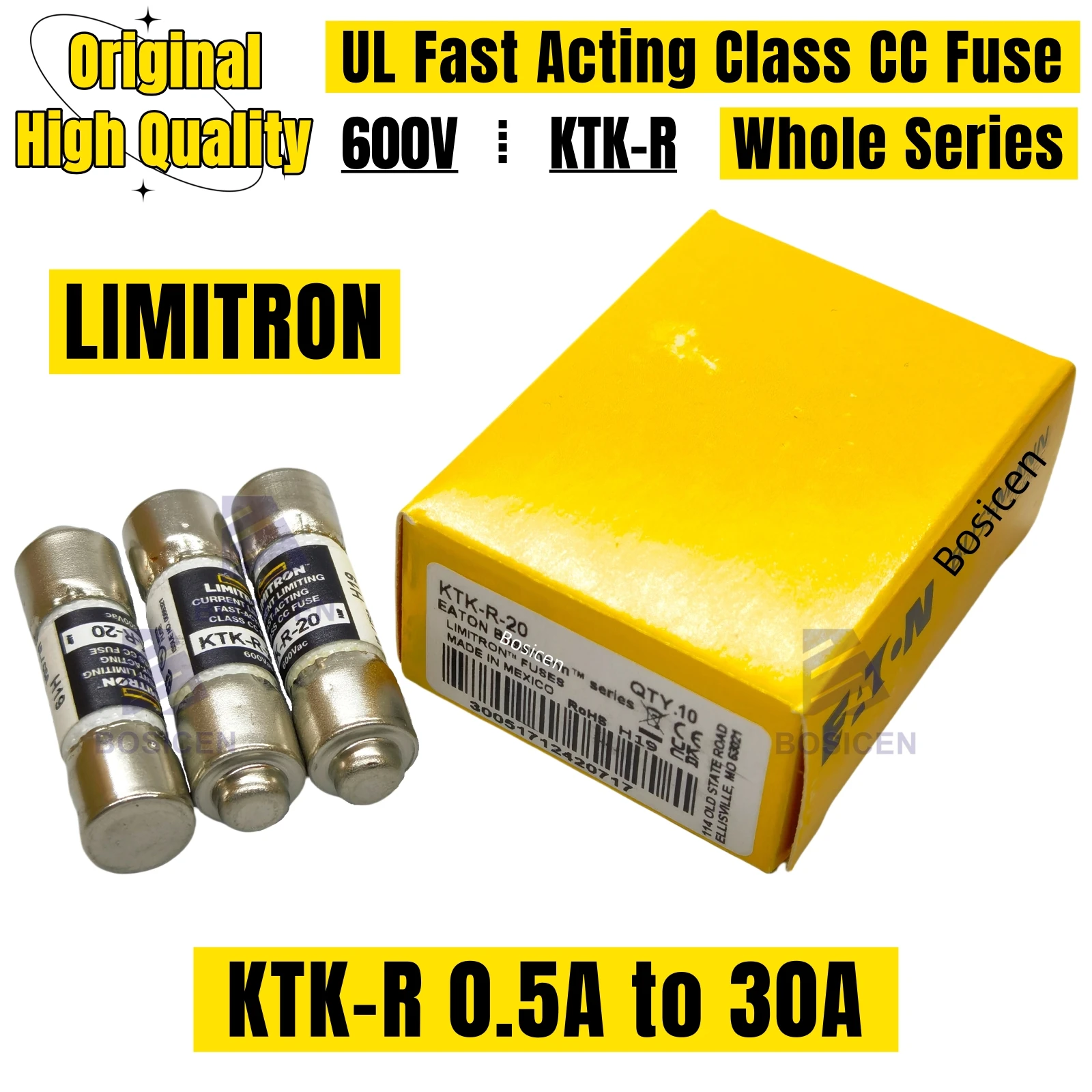 5PCS Class CC Fast Acting ฟิวส์เซรามิค 600V 10*38 10X38 มม.KTK-R 0.5A 1A 1.5A 2A 3A 4A 5A 6A 7A 8A 9A 10A 12A 15A 20A 25A 30A 1