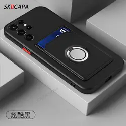 Magnetic Ring Stand Silicone Wallet Case with Card Slot Holder - SAM A14 5G (Black)