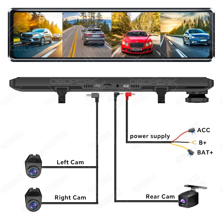 A8 4CH 11.26'' Rearview Mirror Dash Cam 4K Front,Rear and Side(Left Right) FHD 3