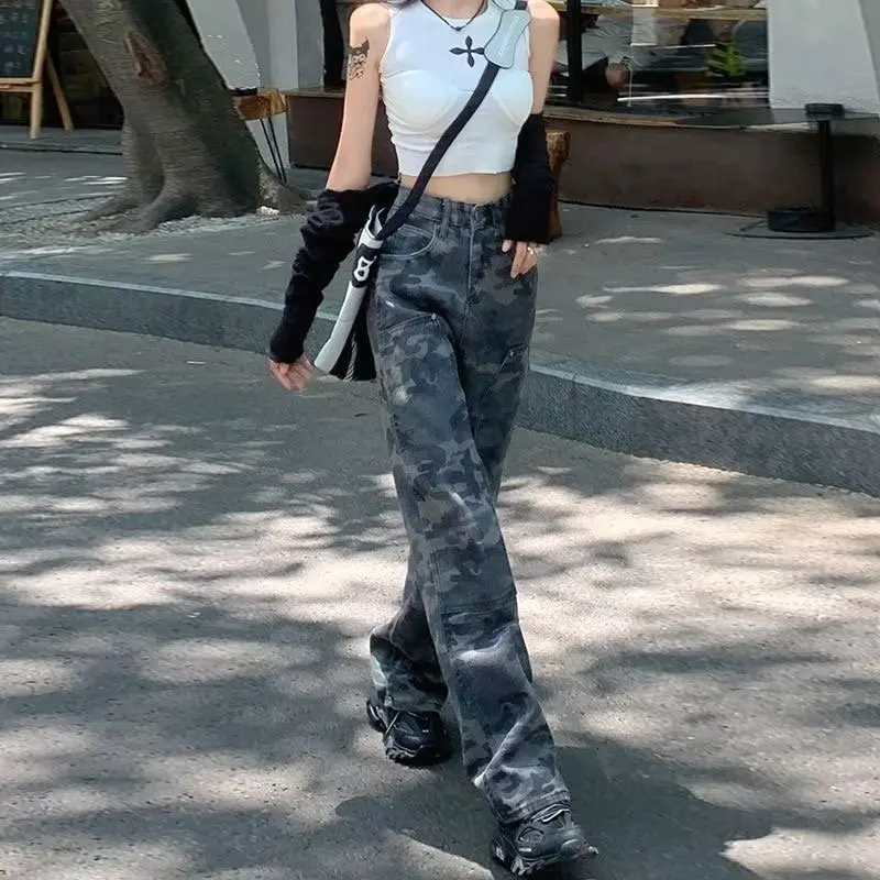 Camouflage Workwear Jeans Spicy Girl Xia Chunqiu High Waisted Wide Legged Loose Fitting, Slimming Floor Mop Pants In Fashion