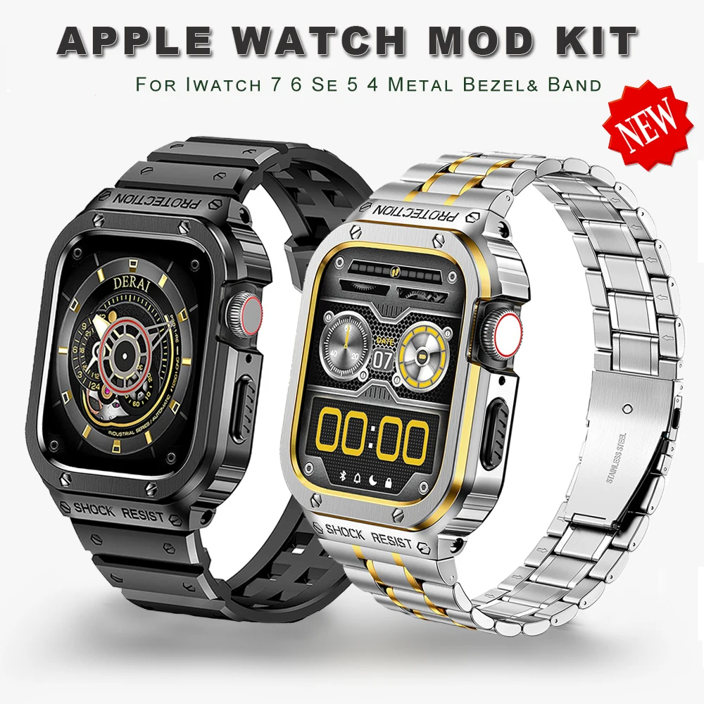 Luxe Riem + Case Voor Apple Horloge Band 45Mm 45 44 Mm Bumper Frame Cover Accessoires Rvs Iwatch serie 4 5 Se 6 7