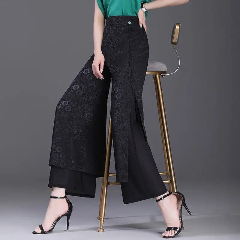 Fashion Elegant Simple High Waist Split Wide Leg Pants Women's Panelled Print Summer New Pockets Jacquard Straight Trousers 2024