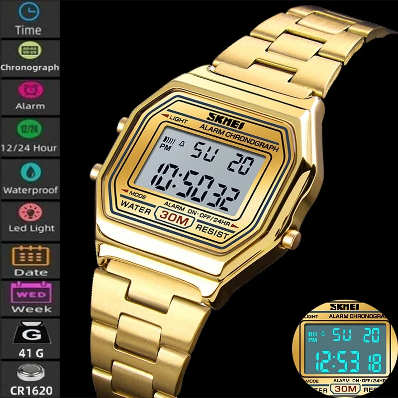Skmei Women's Digital Sports Waterproof Bracelet Watch Luxury Stainless Steel Strap Shock Resistant Led Chronograph Alarm Clock women watches electronic watch