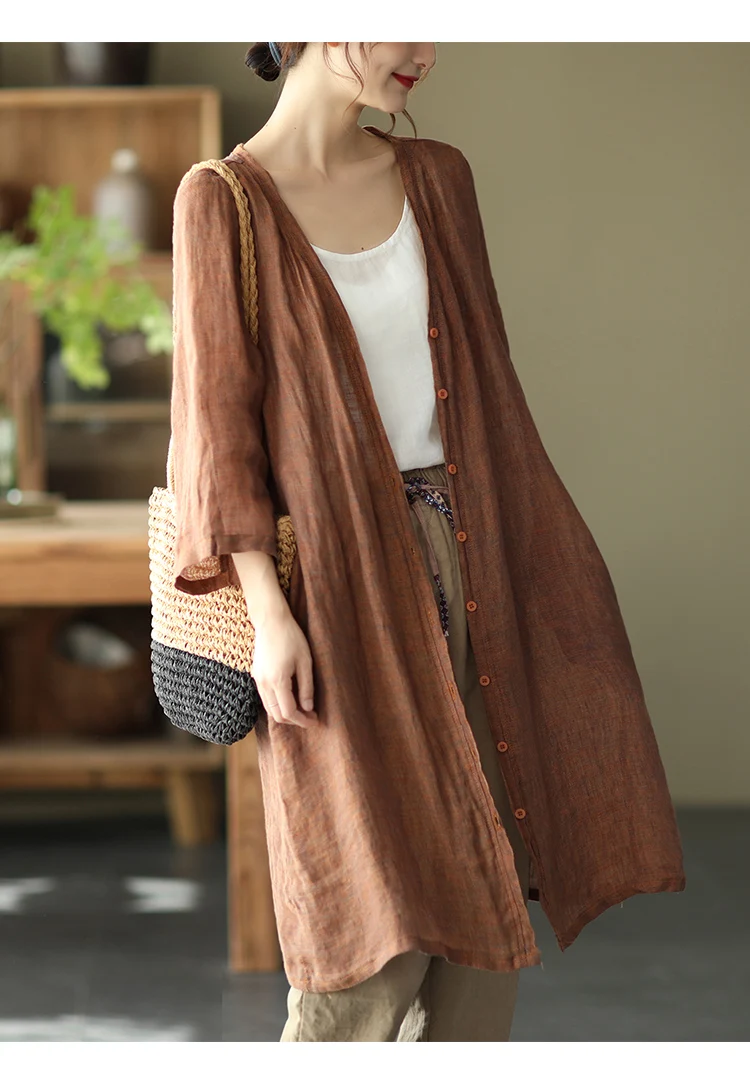 Cardigan 100% Cotton Linen Long Shrug for Women Tunics Blouse Elegant  Clothing Loose Ladies Tops Casual 3/4 Sleeve - AliExpress