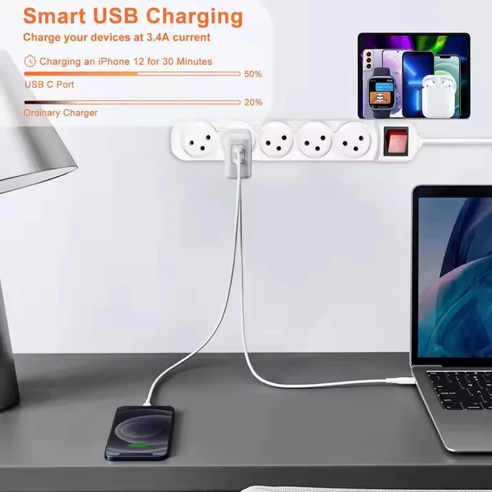 Power Strip Melery Israel Plug Outlets 3/4/5 Way AC Electric Sockets 16A Wire 1m Extension Cord Wall Mounted for Home Office