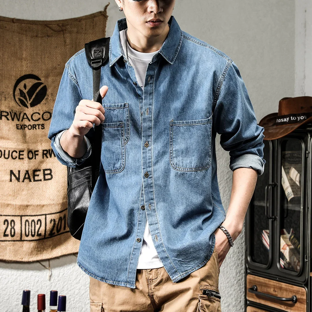 Spring Season American Style Vintage Men's Denim Work Shirt Long Sleeve Casual Fashion Trendy Versatile Jacket denim shirt,long sleeved shirt