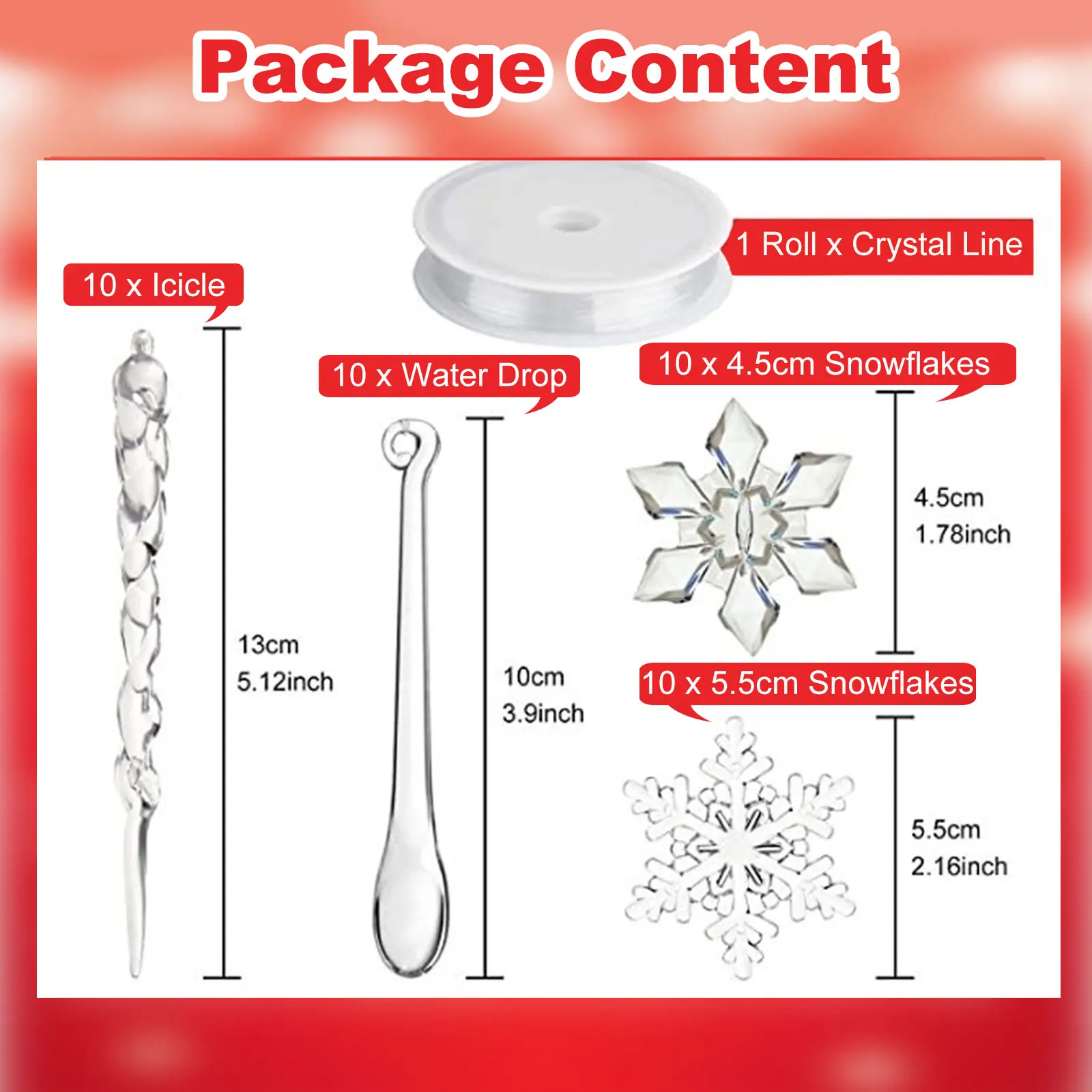 40pcs Christmas Tree Pendant Ornaments Acrylic Crystal Snowflake Icicles Decoration Kit for Xmas Winter New Year Party Decor