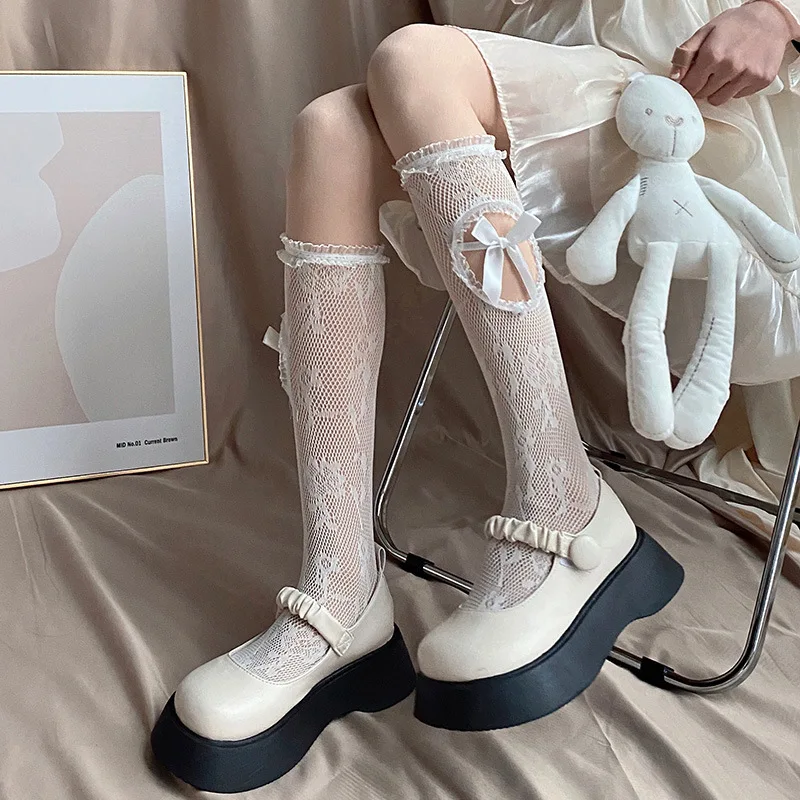 

Милые кружевные сетчатые чулки с бантом JK Lolita милые длинные носки для девочек чулки в японском стиле Ажурные Гольфы чулки