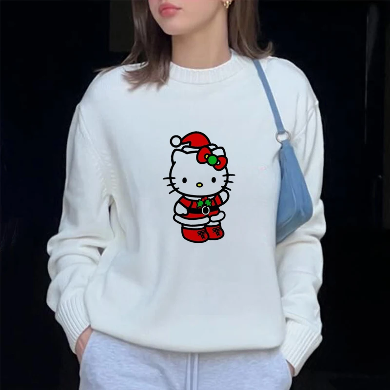 Sanrio Hello Kitty Print Knitted Pullovers For Female Round Neck Kawaii Anime Harajuku Knitwear Clothes 2000s Top Women Pullover 4