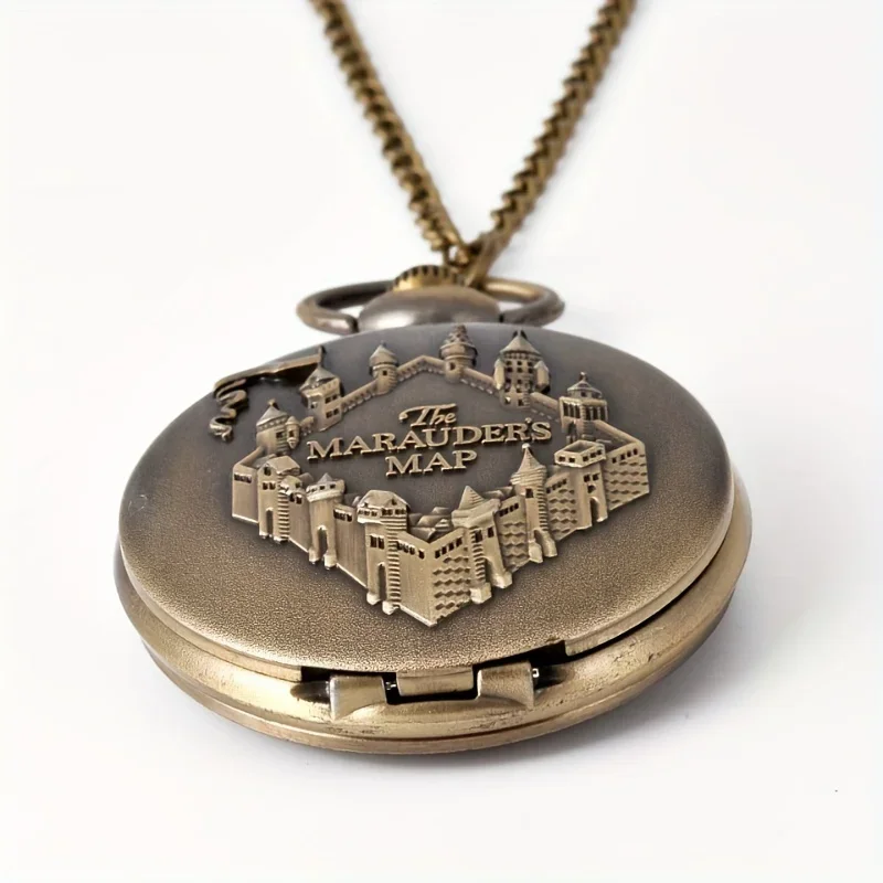 Vintage Castle Embossed Marauder Map Pocket Watch with Bronze Chain - A Timeless Accessory!