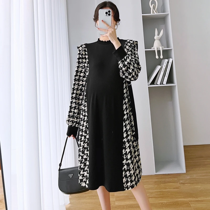 

Autumn Pregnant Women Knitted Dress Long Lantern Sleeve Black Plaid Patchwork Maternity Faux Two Pieces Dress Pregnancy Clothes