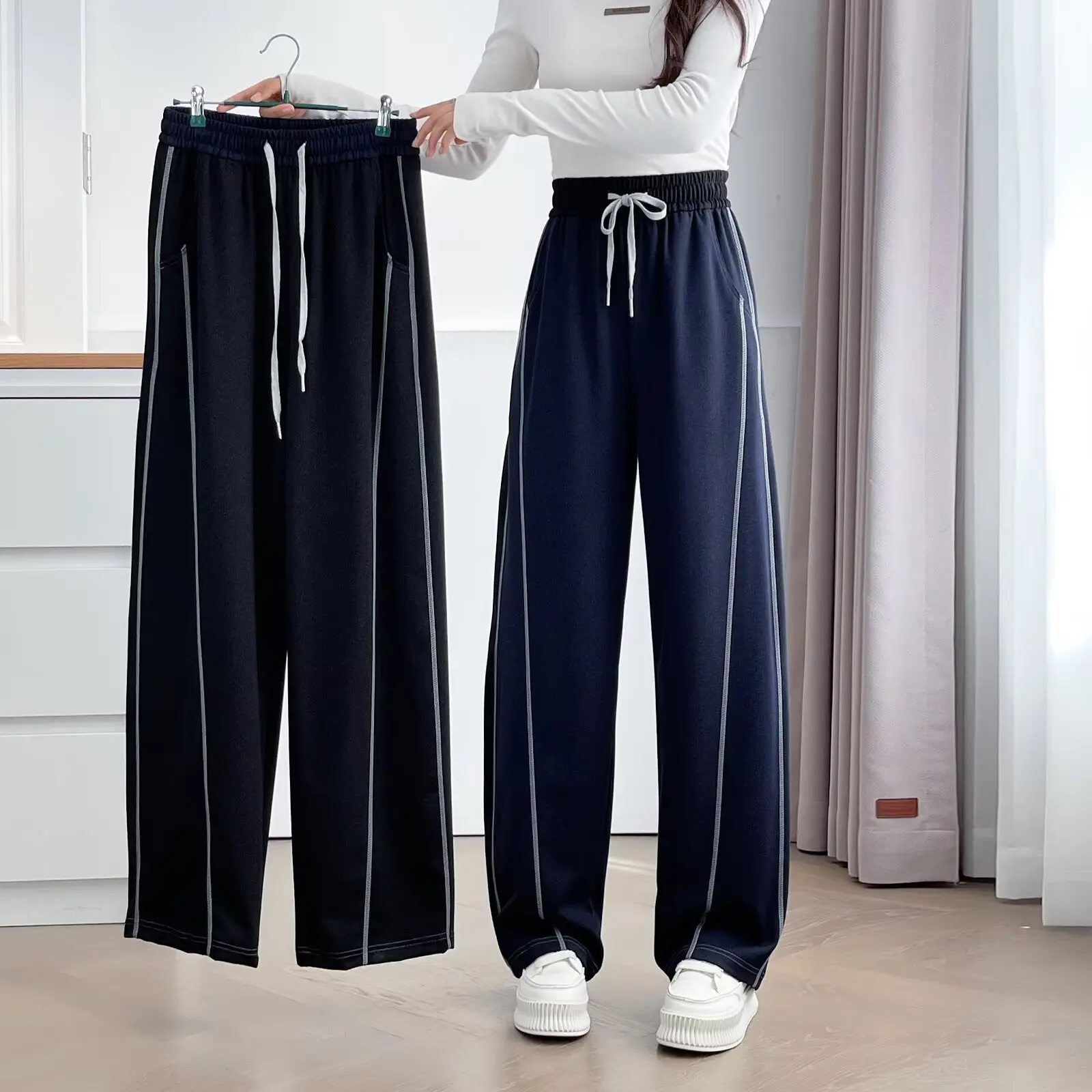 Plus Size Women's Straight Pants Autumn New Style Bright Line Casual Wide Leg Trousers 016