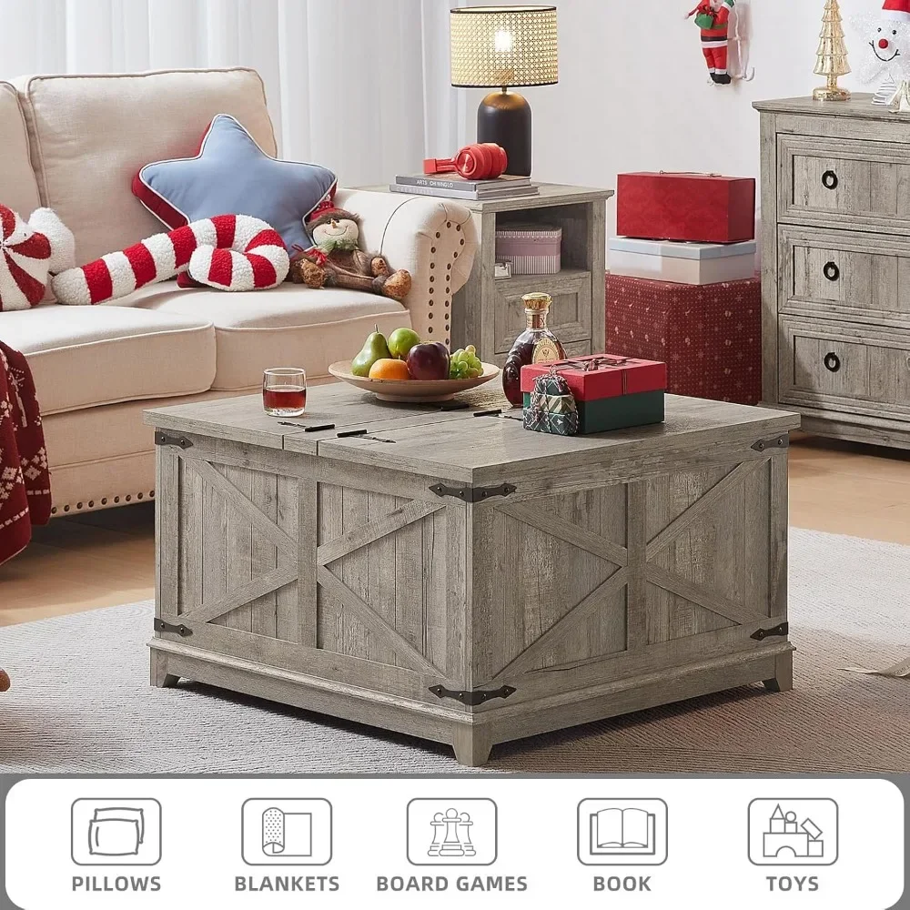 Square Table, Coffee Table with Hidden Storage Organizer,Wood Farm House Light Oak Living Room Tables with Hinged Lift Top 3