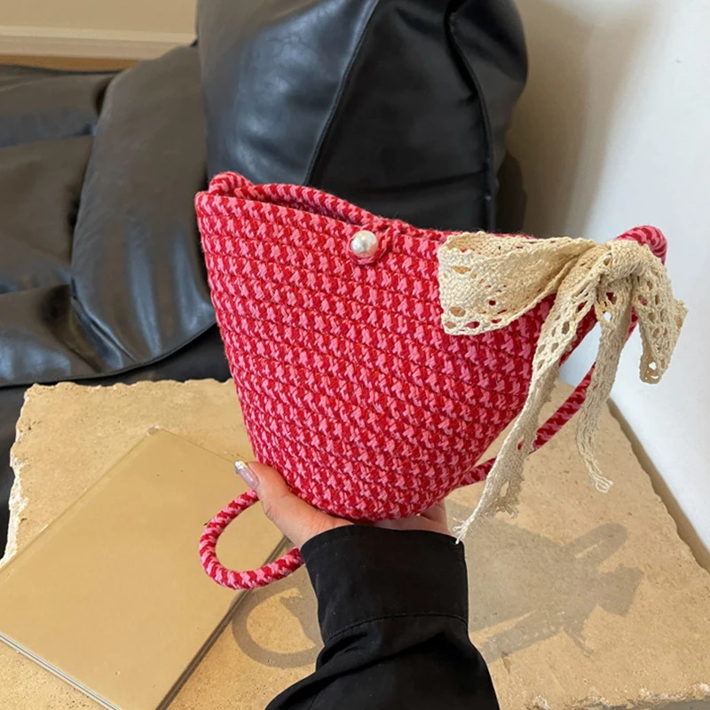 Women's Casual Cotton Woven Handbag Summer Beach Bag Small Shell Weave Shopper Tote with Lace Ribbon Shoulder Crossbody Strap