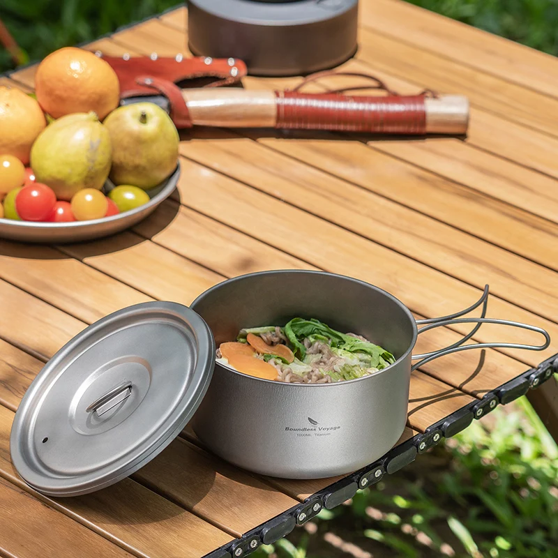 Titanium Camping Pot with Lid Ultralight Outdoor Cooking Pot Single Layer Lunch Box with Folding Handle Boundless Voyage Ti2041C kitchen utensils,camping cookware,camping cookware set