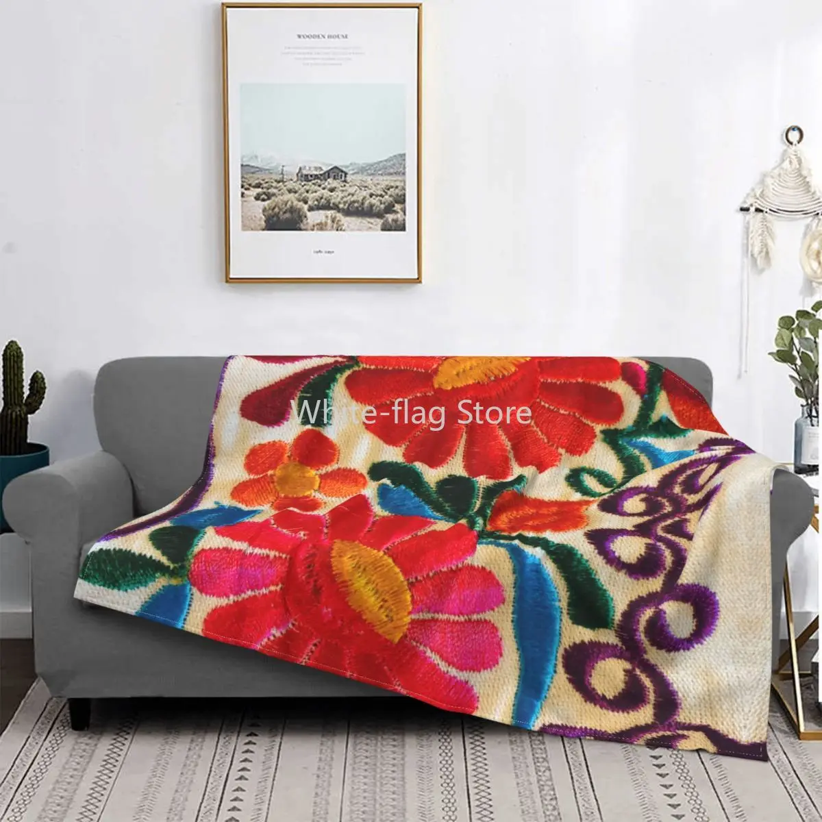 

Mexican Flowers Embroidery Art Blanket 3D Printed Soft Fleece Warm Floral Folk Throw Blankets for Office Bedroom Couch Quilt