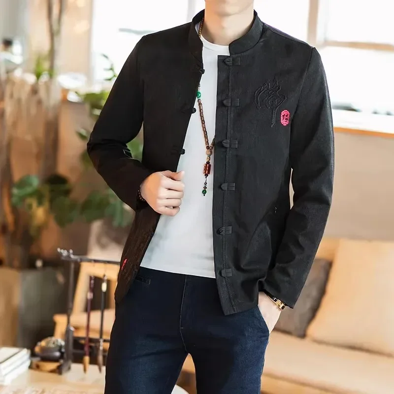 Vintage Embroidery Jacket Men's Fashion Brand Large Chinese Style Men's Clothes Casual Tang Cotton Linen Coat Traditional