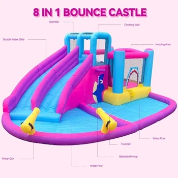Inflatable Bounce House Water Slide Park, Double Slide Bouncer Castle Climbing Wall, Air Blower for Indoor Outdoor Play Backyard 4