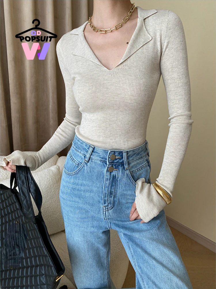 

New Spring Women Knitted Pullover Polo Large V-neck Looks Slimmer T-shirt Women's Top Fashion Minimalist Office Women's Clothing
