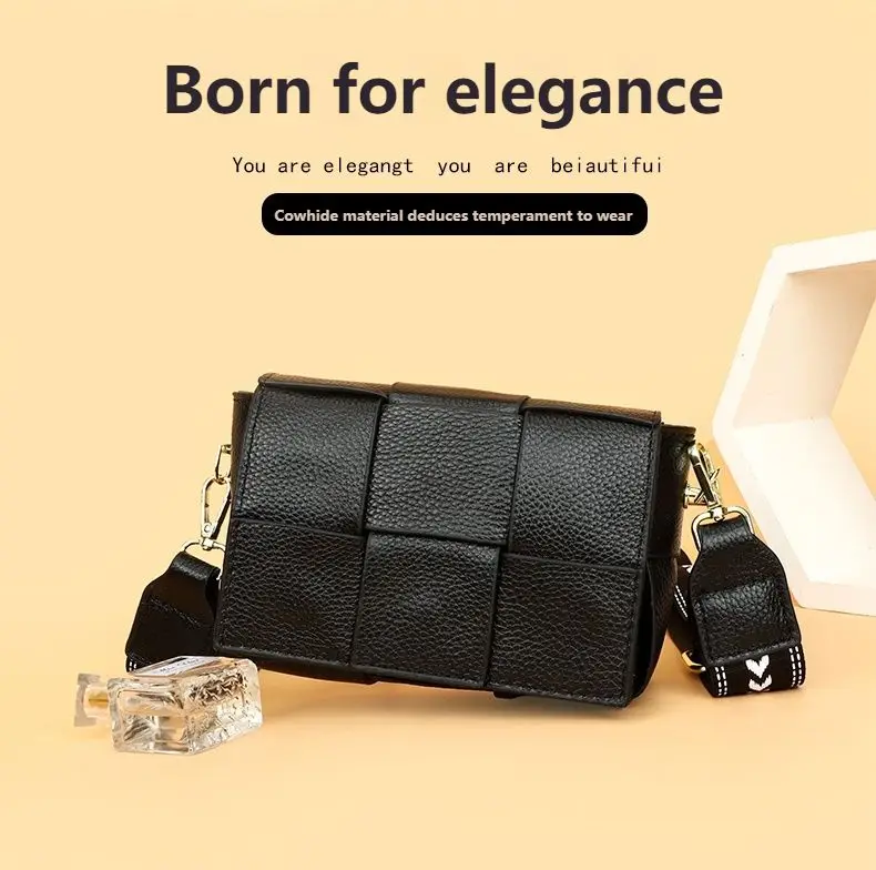 100% Cowhide Women's Shoulder Bags Genuine Leather Woven Crossbody Bags Wide Straps Messenger Bags Fashion Designer Brands Totes