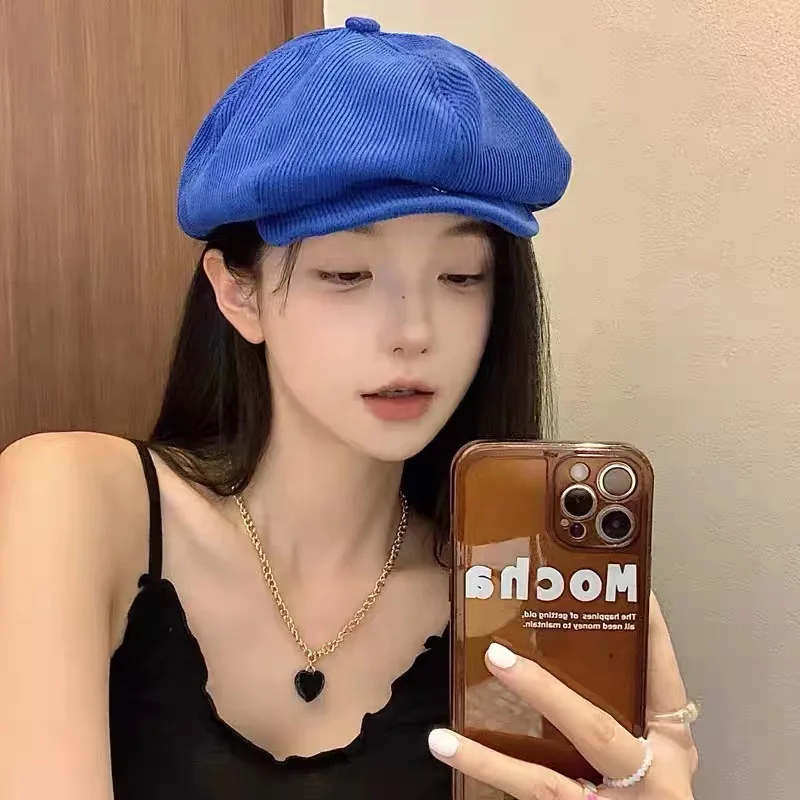 

Klein Blue Beret Japanese Literary Retro Ins Octagonal Hat Korean Version Solid Color Knitted Painter Hats Boinas Para Mujer