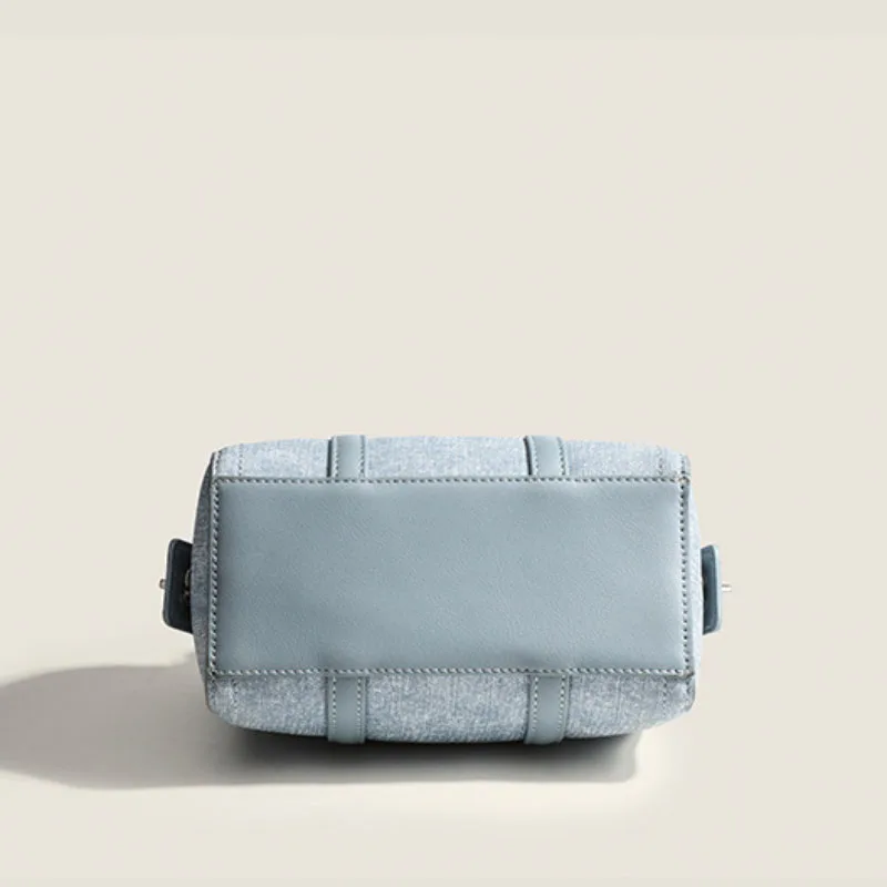 Vintage Design Denim Blue Mini Boston Women'S Hand-Held Shoulder Bag Adjustable Shoulder Strap Crossbody Bag