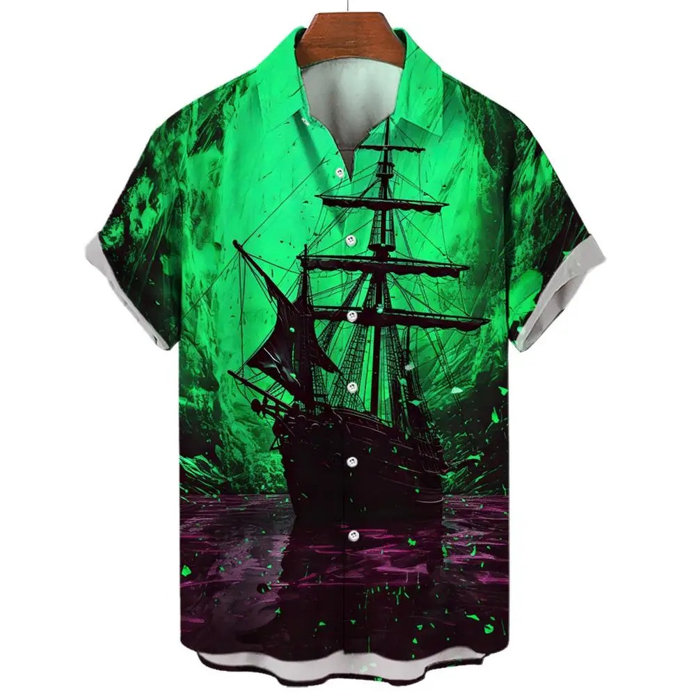 

New Unisex Retro Men's Hawaiian Shirt Plus Size Shirt Sailboat Compass Marine 3d Print Retro Men's Shirt Loose Short Sleeve