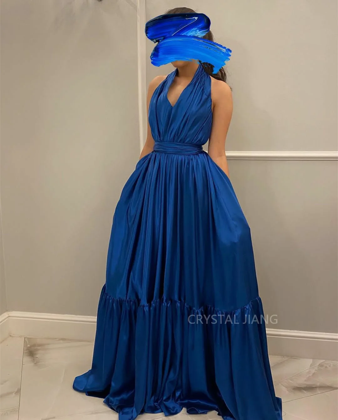 

Long Blue Taffeta Halter Formal Occassion Dresses فساتين السهرة A-Line Floor Length Prom Dress Robe de soirée for Women