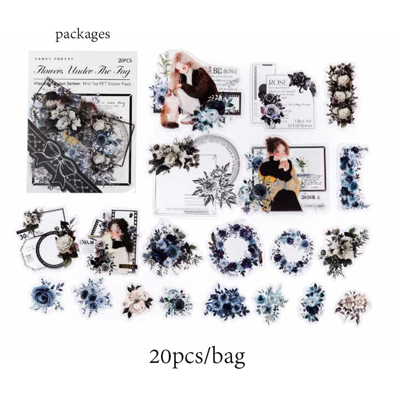 20 דפים / שקית מדבקות PET מט עם נושא פרחוני לסקראפבוקינג, יומן, מסגרת תמונה DIY, קולאז' וקישוט