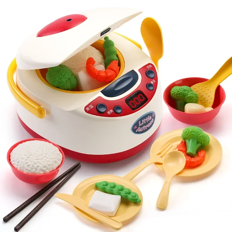 

19pcs/set Spray Sound Music Electric Rice Cooker Interactive Toy Simulation food Fruit Vegetable Kitchen Cooking Tableware Set