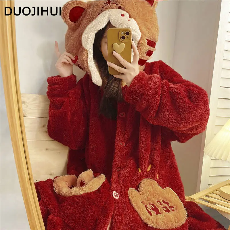 DUOJIHUI Red Hooded Chicly Pocket Female Sleepwear Fashion Print Winter Flannel Simple Loose Casual Thick Warm Robes for Women