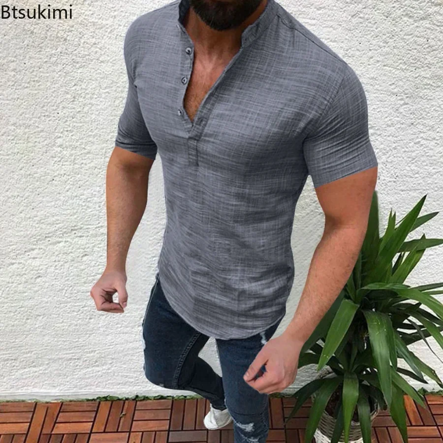New Men's Summer Casual Cotton Line Shirts Solid Stand Collar V-neck Loose Short Sleeve Shirts Male T Shirt Camisas Top