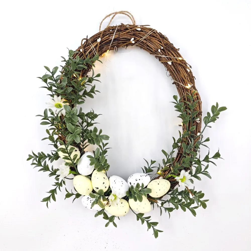 

Easter Wreath with Egg Decor Artificial Green Plant Rattan Wreath Lights String DIY Easter Garland Wedding Party Home Door Decor